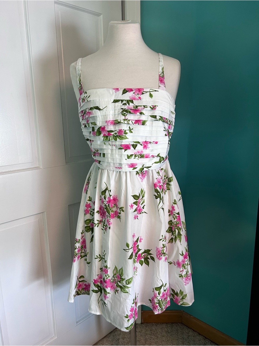 Blu Pepper White Dress with Pink Floral & Green Leaf Print